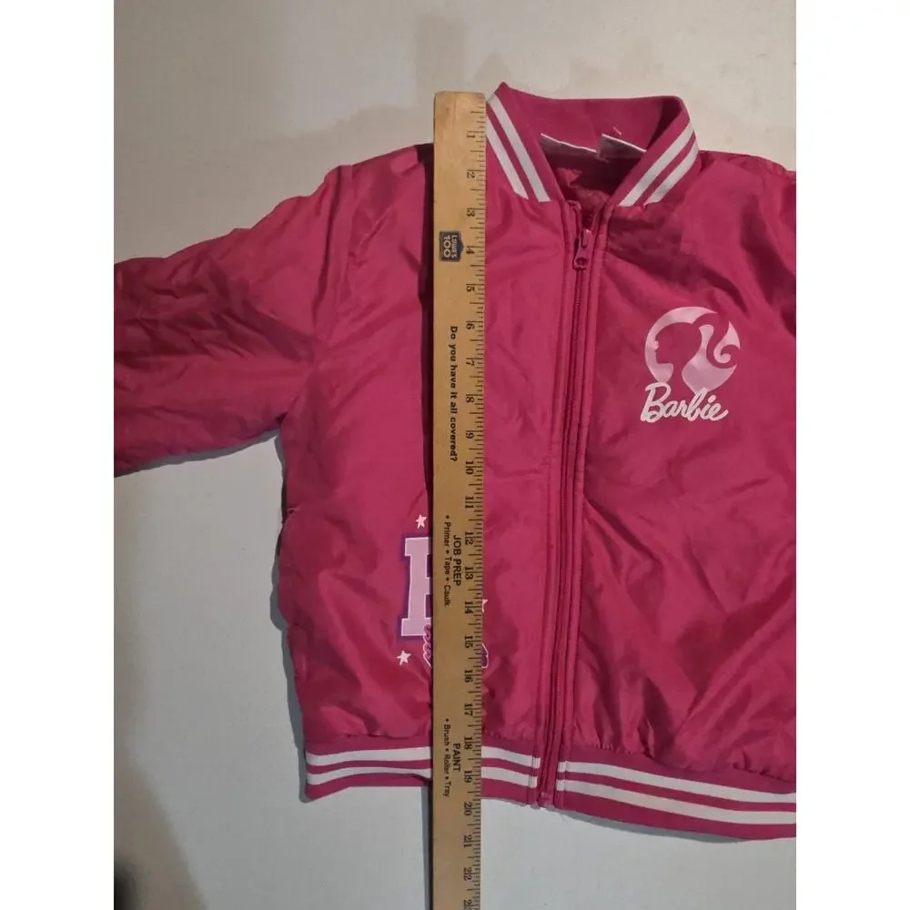 Barbie Bomber Jacket Girls 7/8 Button Up Varsity 59 Pink Youth Kids Coat